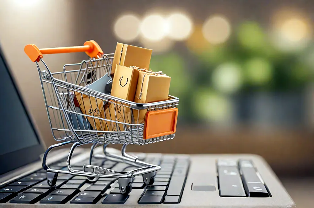 A shopping cart on a computer keyboard representing an online store website.